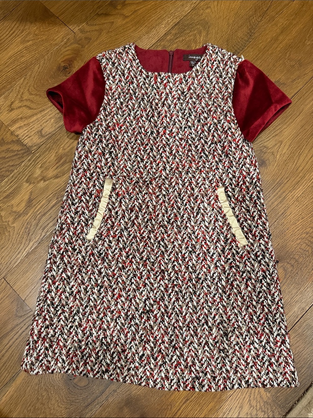Imoga Red velour Tweed Dress with gold Pocket Trim